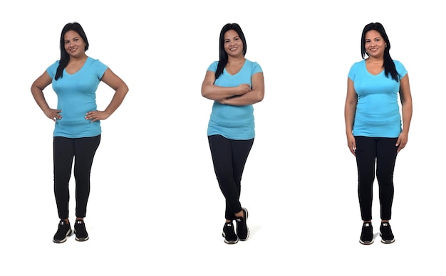 Foto la misma mujer con ropa deportiva de fondo blanco,