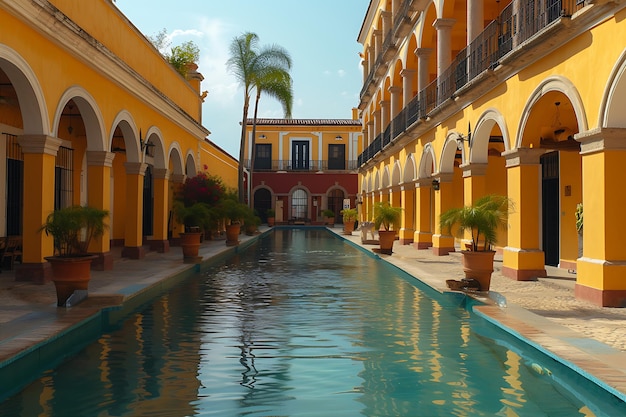 con el mismo color amarillo que la piscina del edificio