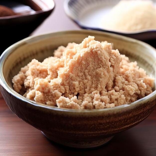 Miso de tempero japonês fermentado de soja e arroz koji em uma tigela sobre a mesa