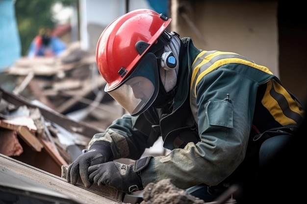 Missão de resgate após o homem do terremoto em uniforme de proteção e capacete Generative AI