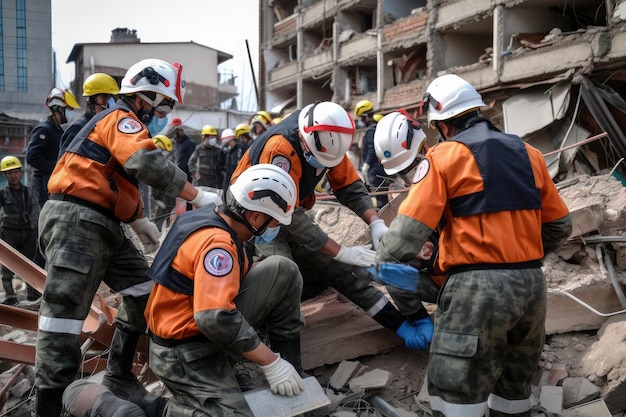 Missão de resgate após os homens do terremoto em uniforme de proteção e capacetes Generative AI