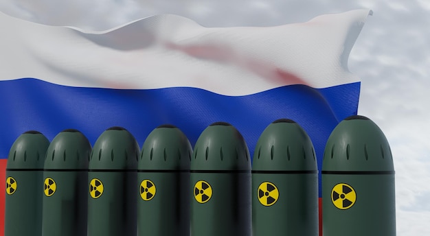 Mísseis nucleares e bandeira da Rússia em segundo plano Mísseis com ogivas estão prontos para serem lançados