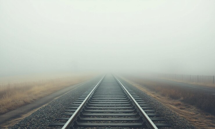 Misterio cinematográfico Las vías vacías del tren desapareciendo en la niebla