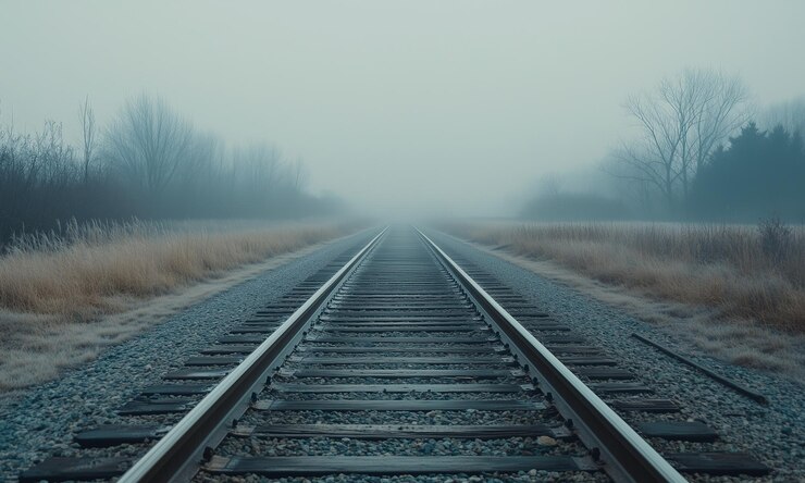 Misterio cinematográfico Las vías vacías del tren desapareciendo en la niebla