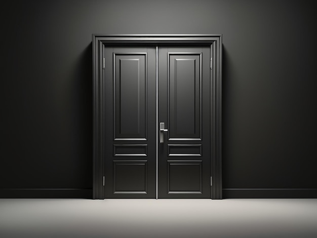 Foto misterio revelado puerta negra cerrada sobre fondo negro minimalista