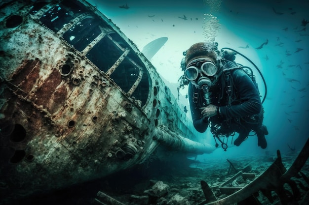 Mistérios do Deep Scuba Diver descobrem os segredos do naufrágio IA generativa