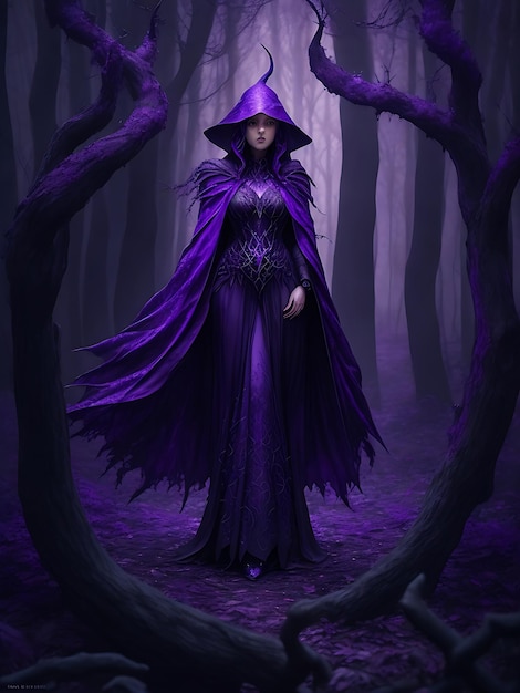 Una misteriosa bruja envuelta en la energía púrpura del caos de pie en un bosque oscuro de árboles estériles