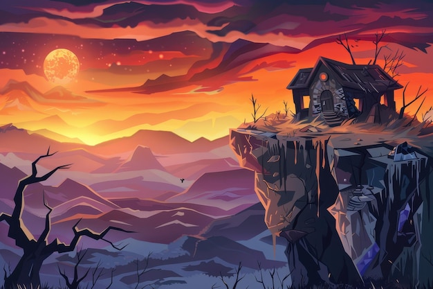 Una misteriosa cabaña en un acantilado con vistas a un vasto paisaje montañoso al atardecer