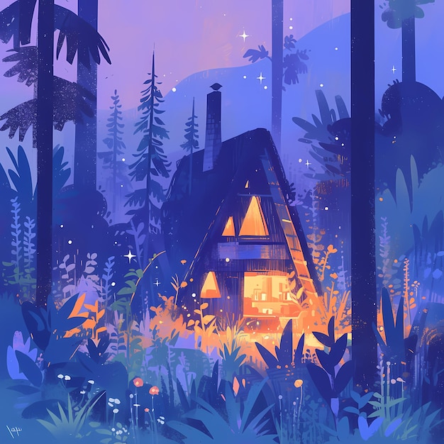 Foto la misteriosa cabaña del bosque con ventanas brillantes