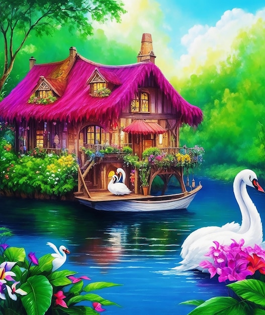 misteriosa cabaña paraíso flores selva tropical barco lindo cisne pintura esponjosa en el papel imagen acrílica HD