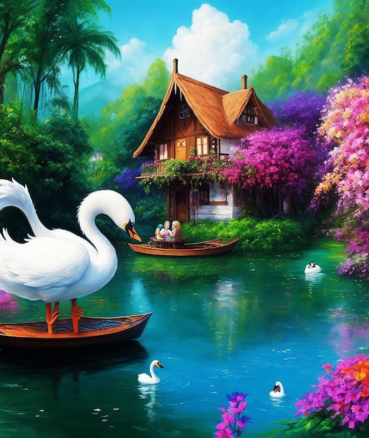 misteriosa cabaña paraíso flores selva tropical barco lindo cisne pintura esponjosa en el papel imagen acrílica HD