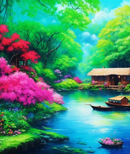 misteriosa cabaña paraíso selva tropical barco flores nube esponjosa pintura en papel imagen acrílica HD