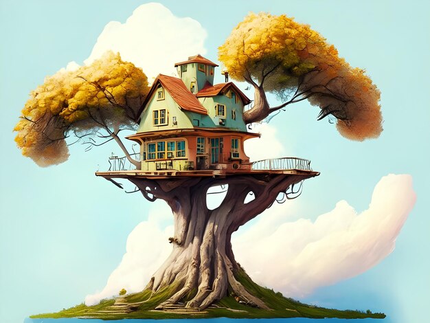 Misteriosa casa de madera sobre un fondo de árbol generada por IA
