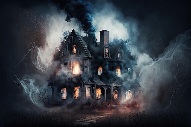 Misteriosa casa de terror con ventanas abiertas en llamas y humo