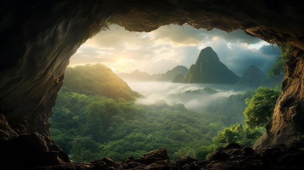 Misteriosa caverna montanhosa ao nascer do sol Um cenário natural cativante