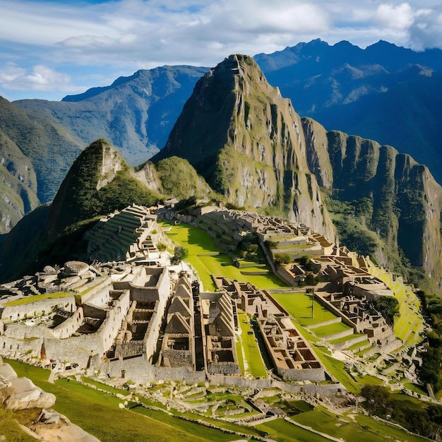 Foto la misteriosa ciudad de machu picchu en el sur de américa las ruinas incas ejemplo de mampostería poligonal y esquí