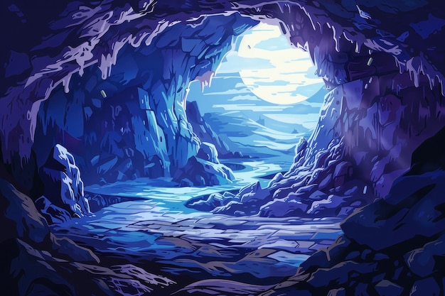 Misteriosa cueva azul con una luna brillante brillando a través de la entrada
