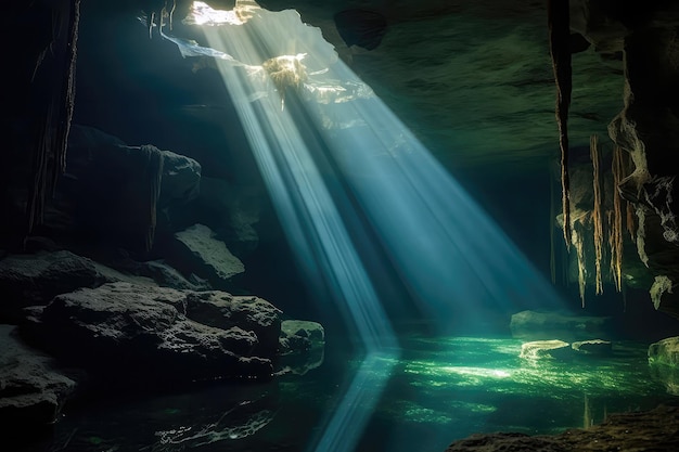 Misteriosa cueva submarina con rayos de luz que iluminan la IA generativa