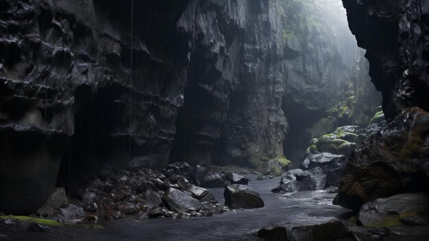 Misteriosa cueva subterránea con cascadas blancas y atmósfera gótica