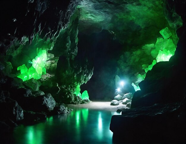 Misteriosa cueva subterránea con cristales brillantes y un oscuro paisaje subterráneo de río