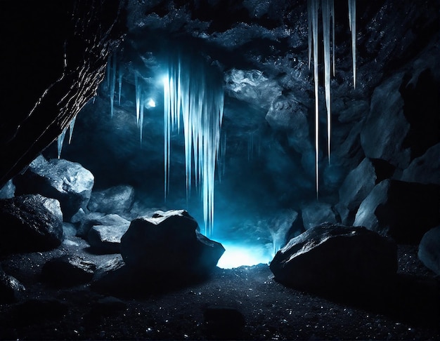 Misteriosa cueva subterránea con cristales brillantes y paisaje subterráneo oscuro del río