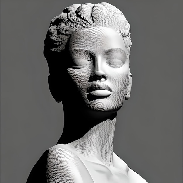 Misteriosa escultura de rostro de mujer en blanco y negro vista cercana ilustración dibujo de rostro femenino