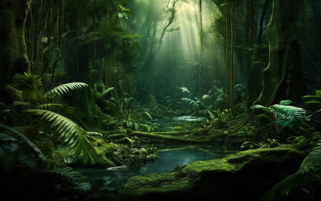 Misteriosa floresta tropical brilha com vegetação exuberante