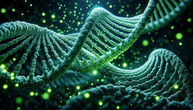 Misteriosa hélice de DNA brilhante na escura cena da biotecnologia