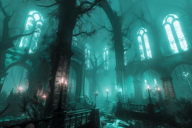 Misteriosa iglesia gótica en un bosque de niebla con árboles espeluznantes y ventanas brillantes al crepúsculo