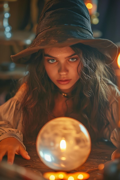 Foto una misteriosa joven bruja con una bola de cristal en un enigmático escenario a la luz de las velas lanzando un hechizo