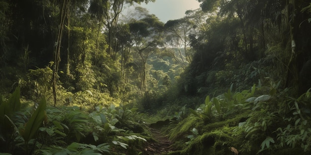 Misteriosa jungla impenetrable cubierta de plantas exóticas Fondo Un hermoso camino a través de la jungla impenetrable Paraíso tropical IA generativa