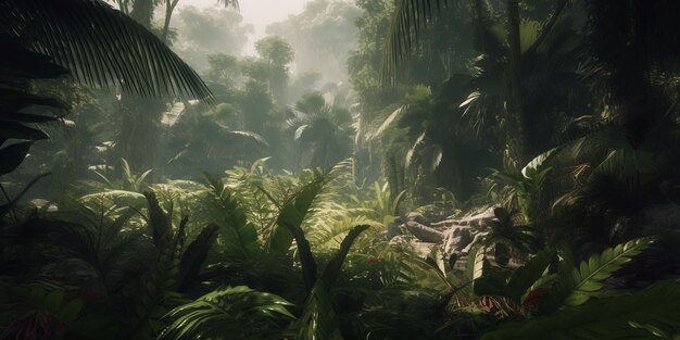 Misteriosa jungla impenetrable cubierta de plantas exóticas Fondo Un hermoso camino a través de la jungla impenetrable Paraíso tropical IA generativa