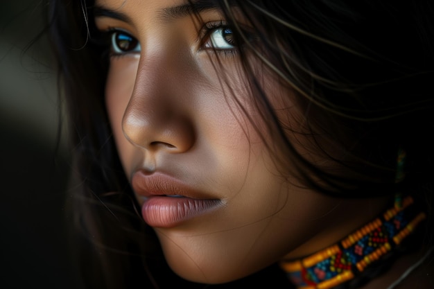 Foto misteriosa mujer indígena con una mirada lateral intrincado collar de cuentas y cabello azotado por el viento