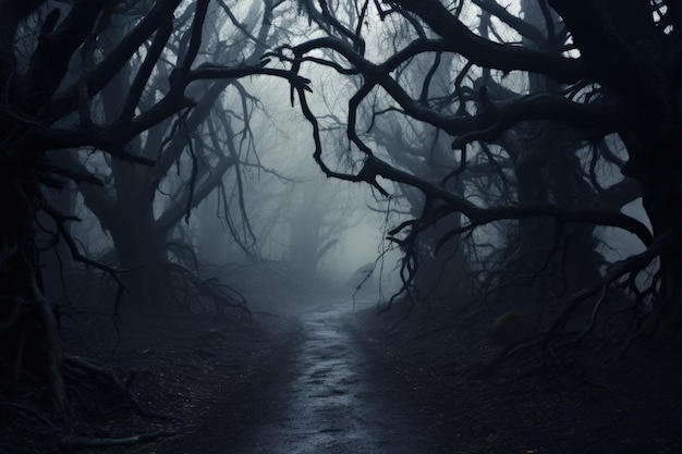 Misteriosa niebla y sombras espeluznantes Bosque oscuro de niebla por la noche con árboles misteriosos y fantasmas