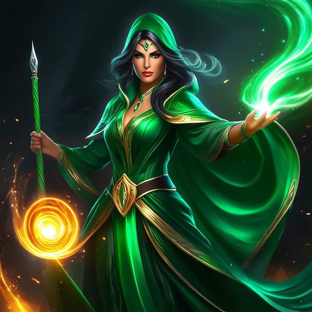 La misteriosa niña con túnica esmeralda hechicera del poder generada por ai