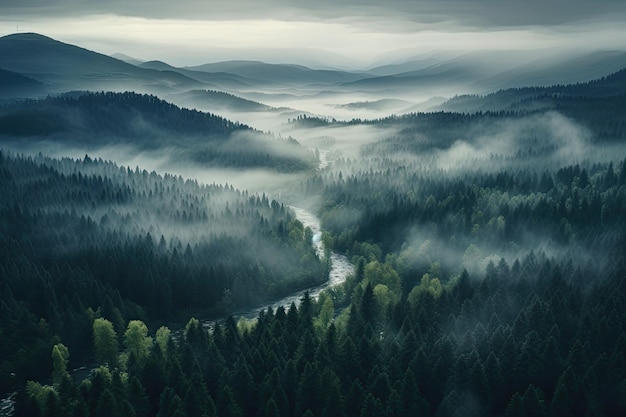 Misteriosa paisagem nebulosa com um rio fluindo pela floresta Vista aérea da floresta escura enevoada AI gerada