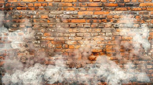 Una misteriosa pared de ladrillo envuelta en la niebla.