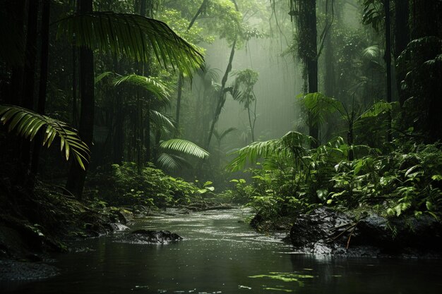 Misteriosa selva tropical oscura húmeda espeluznante belleza tranquila en la naturaleza
