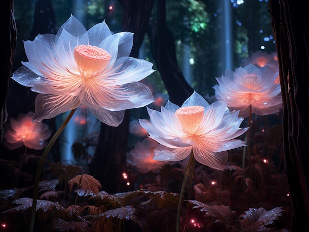 Misteriosas flores brillantes en el bosque.