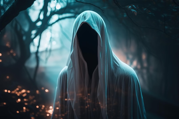 Misterioso assustador fantasma solitário sem rosto em um lençol em uma floresta de noite nebulosa ilustração mística enevoada Tema de Halloween horror vida após a morte Generative AI