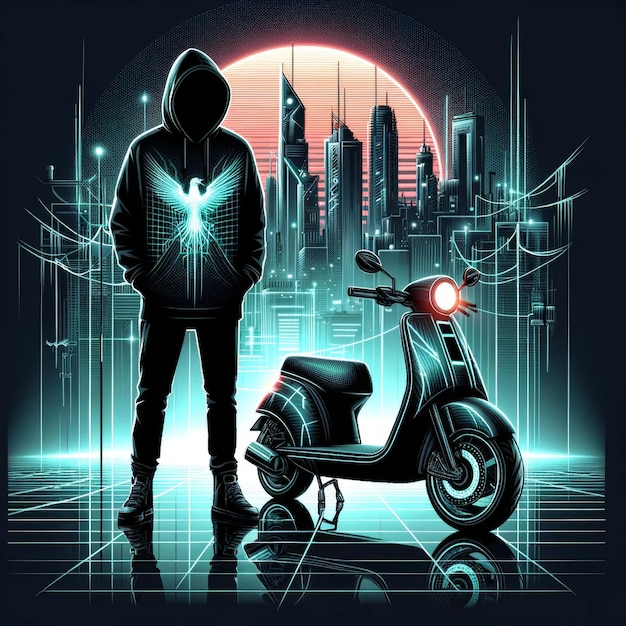 Misterioso atardecer cyberpunk con silueta de scooter
