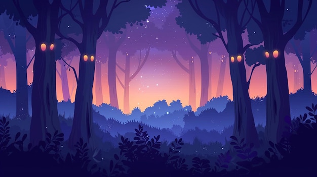 Misterioso bosque de dibujos animados vectoriales al anochecer con ojos brillantes en los arbustos