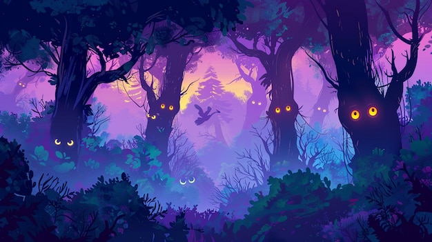 Misterioso bosque de dibujos animados vectoriales al anochecer con ojos brillantes en los arbustos