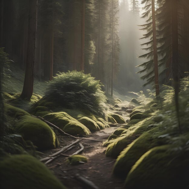 Misterioso bosque oscuro con musgo y helechos en verano generativo ai