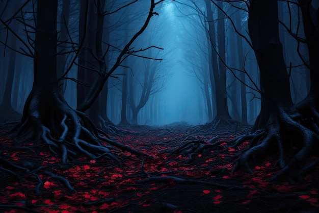 Misterioso bosque oscuro con niebla y hojas rojas telón de fondo de Halloween