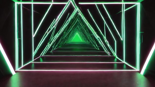 Foto misterioso e místico túnel de triângulo verde brilhante em fundo preto