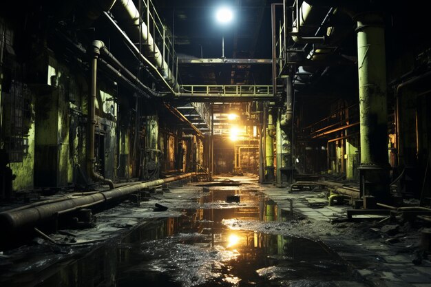 Foto un misterioso edificio de fábrica con agua en el suelo y tuberías por todas partes