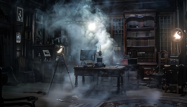 Misterioso estudio victoriano lleno de aparatos steampunk y niebla espeluznante