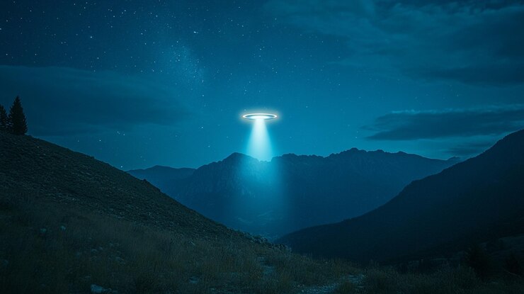 Un misterioso haz de luz desciende de un OVNI sobre las montañas por la noche.