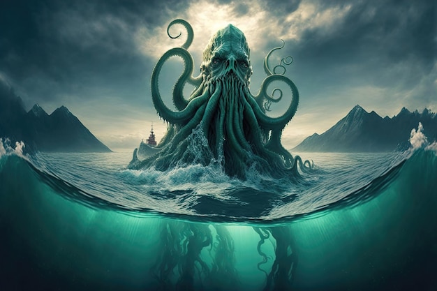 Foto misterioso monstruo cthulhu en el mar enormes tentáculos que sobresalen del agua paisaje 3d ilustración